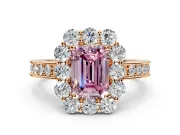 Halo Engagement Ring Setting for Fancy Pink Emerald Cut Center with Milgrain Channel Band and Prong Head in Rose Gold