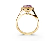 Halo Engagement Ring Setting for Fancy Pink Heart-Shaped Center with Outer Bezel Rim, Pave Band and Prong Head in Yellow Gold