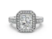 Milgrain Halo Engagement Ring Setting for Radiant Cut Center with Pave Band and Prong Head in Sterling Silver