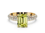 Solitaire Engagement Ring Setting for Fancy Yellow Emerald Cut Center with Domed Multi-Row Pave Band and Prong Head in Yellow Gold