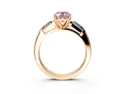 3 Stone Engagement Ring Setting for Fancy Pink Oval Center with Tapered Baguettes, Plain Band and Prong Head in Rose Gold
