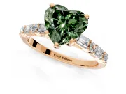 Baguette Engagement Ring Setting for Fancy Green Heart-Shaped Center with Alternating Bar-Set Band and Prong Head in Rose Gold