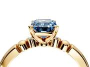 Solitaire Engagement Ring Setting for Fancy Blue Emerald Cut Center with Beaded Shoulders and Prong Head in Yellow Gold