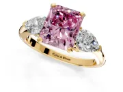 3 Stone Engagement Ring Setting for Fancy Pink Radiant Cut Center with Large Pear-Shaped Accents and Prong Head in Yellow Gold