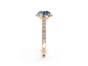 Halo Engagement Ring Setting for Fancy Blue Round Cut Center with Full Pave Band and Prong Head in Rose Gold