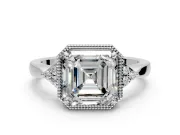 Cluster Engagement Ring Setting for Asscher Cut Center with Milgrain Shoulder Clusters and Prong Head in White Gold