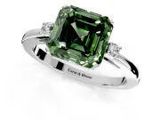 3 Stone Engagement Ring Setting for Fancy Green Asscher Cut Center with Low-Set Round Cut Accents and Prong Head in Platinum