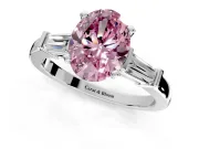 3 Stone Engagement Ring Setting for Fancy Pink Oval Center with Channel Baguette Accents and Prong Head in Sterling Silver