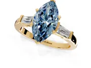 3 Stone Engagement Ring Setting for Fancy Blue Marquise Center with Channel Baguette Accents and Prong Head in Yellow Gold