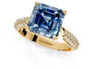 Solitaire Engagement Ring Setting for Fancy Blue Asscher Cut Center with Multi-Row Accents and Prong Head in Yellow Gold