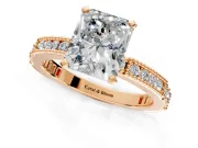 Solitaire Engagement Ring Setting for Radiant Cut Center with Milgrain-Edged Pave Band and Prong Head in Rose Gold