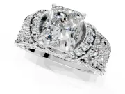 Pave Engagement Ring Setting for Radiant Cut Center with Curved Accent Rows, Openwork and Prong Head in White Gold