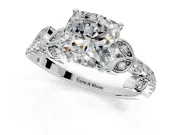Leaf Motif Engagement Ring Setting for Cushion Cut Center with Pave Band and Prong Head in Platinum