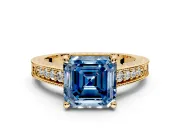 Engraved Engagement Ring Setting for Fancy Blue Asscher Cut Center with Milgrain Pave Band and Prong Head in Yellow Gold