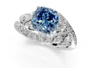 Halo Engagement Ring Setting for Fancy Blue Cushion Cut Center with Marquise and Pave Bypass Band and Prong Head in Platinum