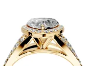 Halo Engagement Ring Setting for Heart-Shaped Center with Narrow Pave Split Shank and Prong Head in Yellow Gold
