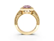 Milgrain Halo Engagement Ring Setting for Fancy Pink Princess Cut Center with Pave Band and Prong Head in Yellow Gold