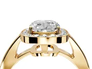 Bezel-Framed Halo Engagement Ring Setting for Cushion Cut Center with Pave Band and Prong Head in Yellow Gold