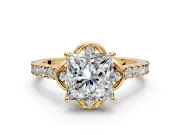 Floral Engagement Ring Setting for Princess Cut Center with Pave Band and Floral Prong Head in Yellow Gold