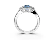 3 Stone Engagement Ring Setting for Fancy Blue Emerald Cut Center with Raised Basket Heads and Prong Head in Platinum
