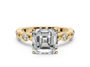 Solitaire Engagement Ring Setting for Asscher Cut Center with Beaded Bezel Station Band and Prong Head in Yellow Gold