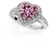 Bezel-Framed Halo Engagement Ring Setting for Fancy Pink Heart-Shaped Center with Pave Band and Prong Head in Platinum