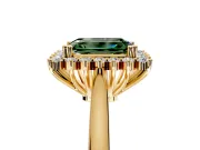 Starburst Halo Engagement Ring Setting for Fancy Green Emerald Cut Center with Thin Round-Wire Band and Prong Head in Yellow Gold