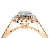 Halo Engagement Ring Setting for Emerald Cut Center with Raised Halo, Pave Band and Prong Head in Rose Gold
