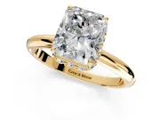 Hidden Halo Engagement Ring Setting for Radiant Cut Center with Plain Rounded Band and Prong Head in Yellow Gold