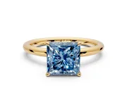 Hidden Halo Engagement Ring Setting for Fancy Blue Princess Cut Center with Thin Rounded Band and Prong Head in Yellow Gold