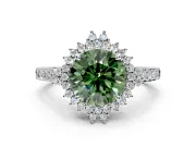Sunburst Halo Engagement Ring Setting for Fancy Green Round Cut Center with Pave Band and Prong Head in White Gold