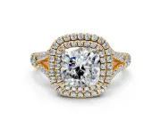 Double Halo Engagement Ring Setting for Cushion Cut Center with Narrow Pave Split Shank and Prong Head in Yellow Gold
