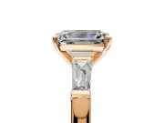 3 Stone Engagement Ring Setting for Emerald Cut Center with Tapered Baguettes, Plain Band and Prong Head in Rose Gold