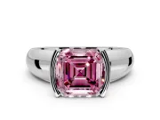 Tension Engagement Ring Setting for Fancy Pink Asscher Cut Center with Wide Flat Band and Tension Head in Platinum