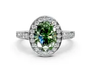Bezel-Framed Halo Engagement Ring Setting for Fancy Green Oval Center with Pave Band and Prong Head in Platinum