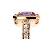 Milgrain Halo Engagement Ring Setting for Fancy Pink Emerald Cut Center with Wide Pave Band and Prong Head in Rose Gold