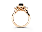 3 Stone Engagement Ring Setting for Fancy Black Cushion Cut Center with Crossover Basket, Pave Band and Prong Head in Rose Gold