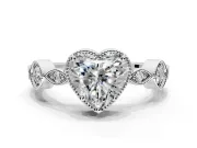 Vintage Station Engagement Ring Setting for Heart-Shaped Center with Accents and Prong Head in Platinum