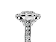 Halo Engagement Ring Setting for Cushion Cut Center with Milgrain Pave Band and Bezel Head in Platinum