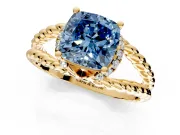 Halo Engagement Ring Setting for Fancy Blue Cushion Cut Center with Rope Twist Split Shank and Prong Head in Yellow Gold