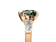 3 Stone Engagement Ring Setting for Fancy Green Heart-Shaped Center with Channel Baguette Accents and Prong Head in Rose Gold
