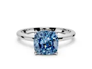 Hidden Halo Engagement Ring Setting for Fancy Blue Cushion Cut Center with Thin Round-Wire Band and Prong Head in Sterling Silver