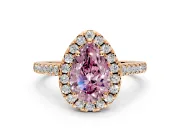 Halo Engagement Ring Setting for Fancy Pink Pear-Shaped Center with Raised Halo, Pave Band and Prong Head in Rose Gold