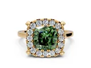 Single Halo Engagement Ring Setting for Fancy Green Cushion Cut Center with Corner Claws, Plain Band and Prong Head in Yellow Gold