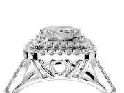 Double Halo Engagement Ring Setting for Princess Cut Center with Narrow Pave Split Shank and Prong Head in Platinum
