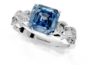 Leaf Engagement Ring Setting for Fancy Blue Asscher Cut Center with Milgrain Accent Band and Prong Head in White Gold