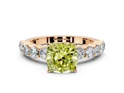 Shared-Prong Engagement Ring Setting for Fancy Yellow Cushion Cut Center with Graduated Accents and Prong Head in Rose Gold