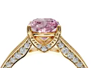 Solitaire Engagement Ring Setting for Fancy Pink Cushion Cut Center with Milgrain-Framed Pave Band and Prong Head in Yellow Gold