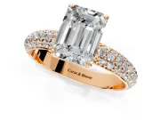 Solitaire Engagement Ring Setting for Emerald Cut Center with Domed Multi-Row Pave Band and Prong Head in Rose Gold