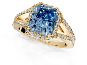 Halo Engagement Ring Setting for Fancy Blue Radiant Cut Center with Pave Split Shank and Prong Head in Yellow Gold